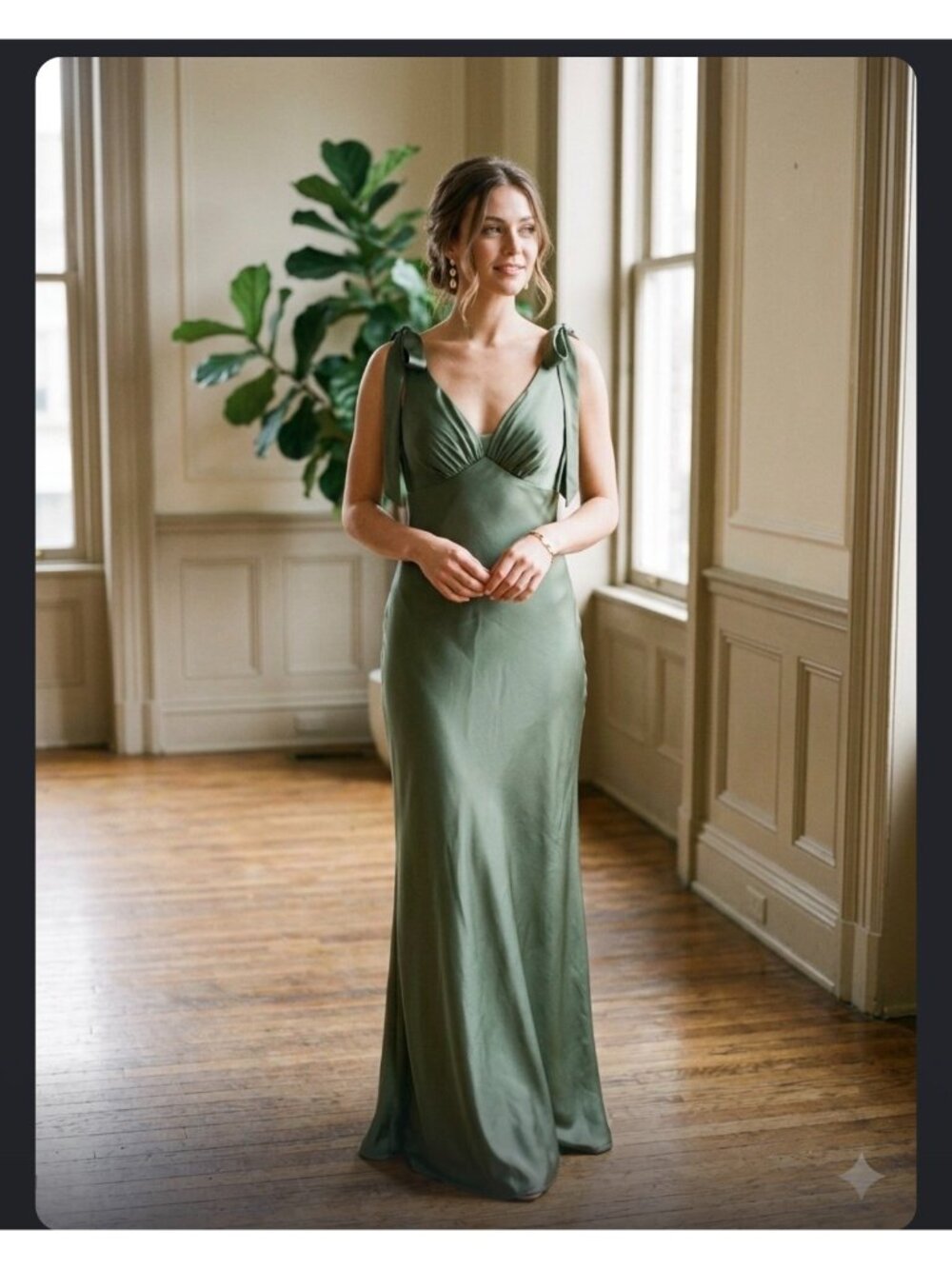 AW Bridal olive green satin maxi dress V-neckline, gathered bodice 8 NWOT